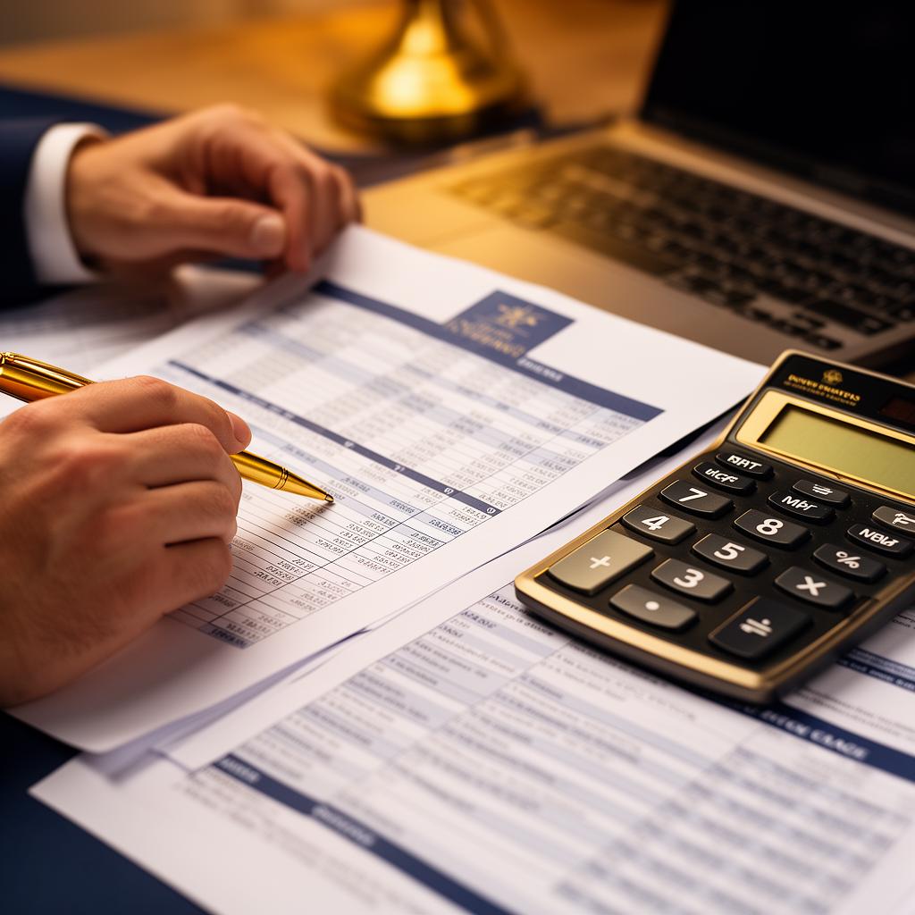 Mãos analisando planilhas fiscais com calculadora dourada e laptop