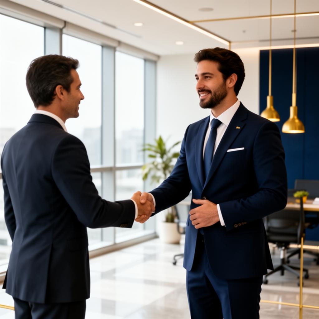 Consultor tributário cumprimentando cliente em escritório corporativo moderno